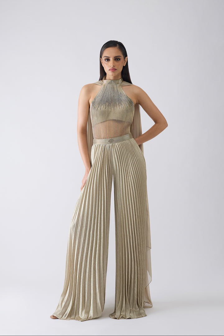 Corded Bodysuit With Pants and Drape
