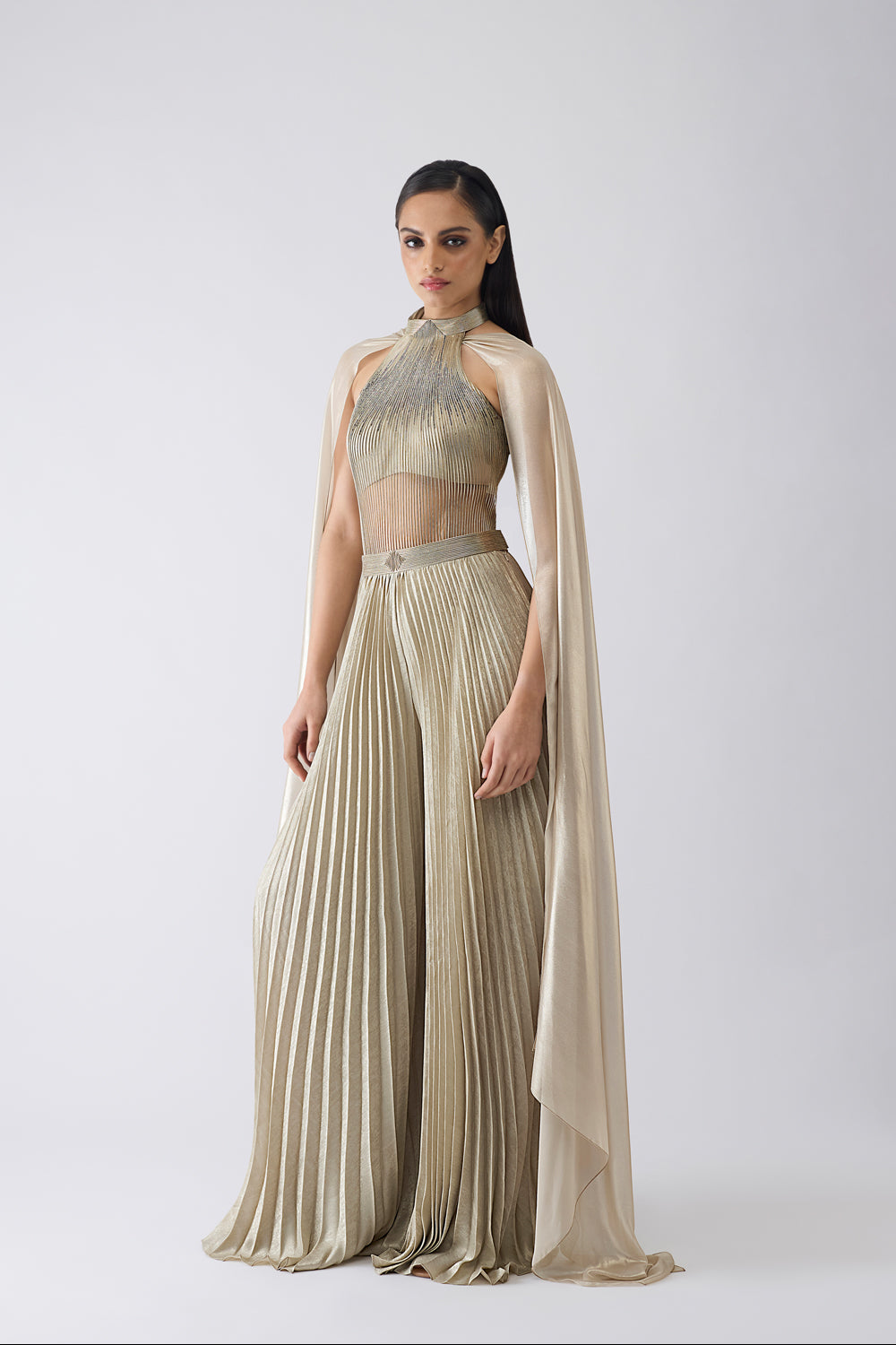 Corded Bodysuit With Pants and Drape