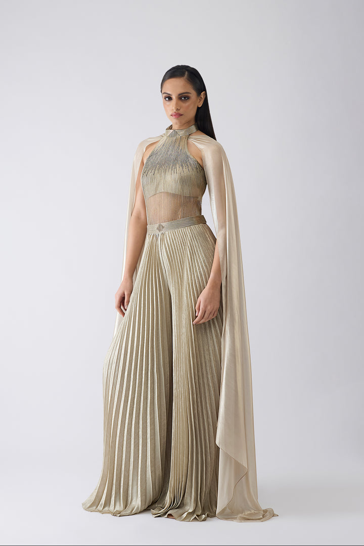Corded Bodysuit With Pants and Drape