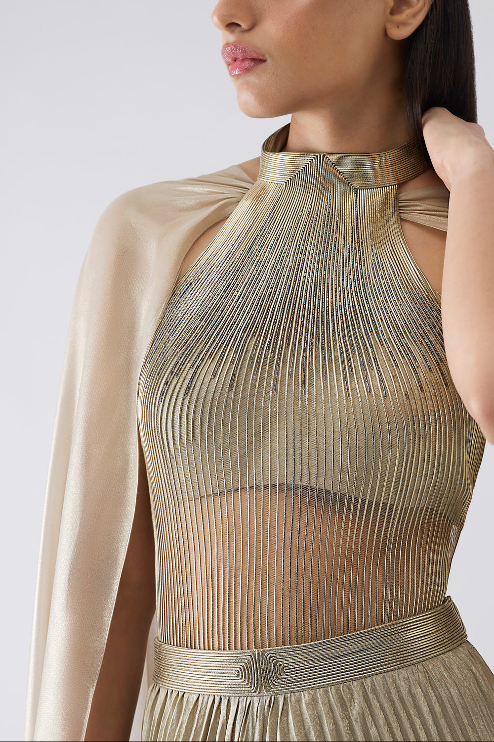 Corded Bodysuit With Pants and Drape