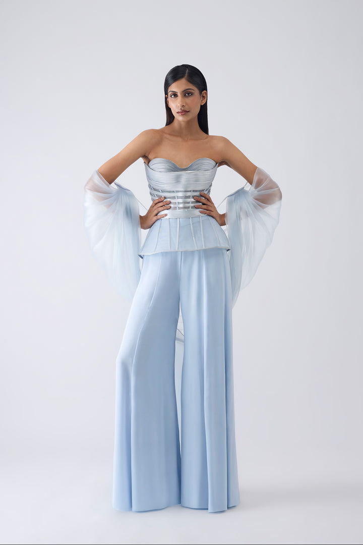 Metallic Structured Corset With Pants Aand Cape
