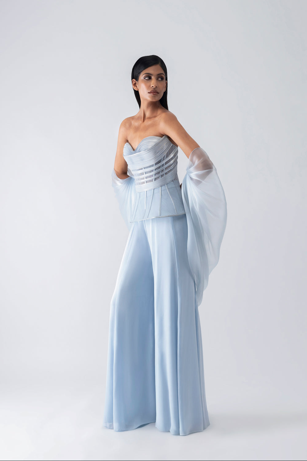 Metallic Structured Corset With Pants Aand Cape