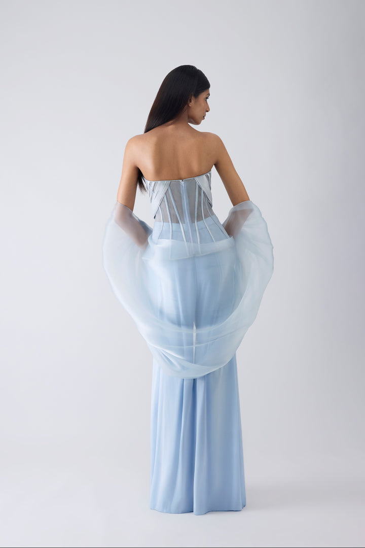 Metallic Structured Corset With Pants Aand Cape