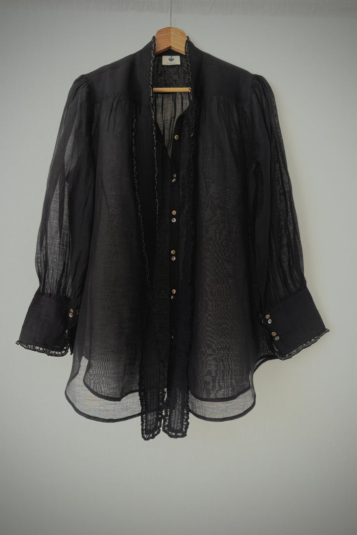 Victorian Frill Shirt with a Tie - Black Cotton Silk Sheer Blouse