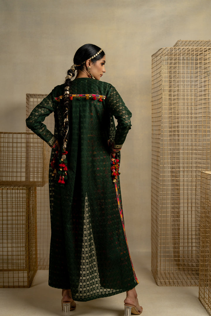 Phulvari mehndi jumpsuit with embroidered organza jacket and belt