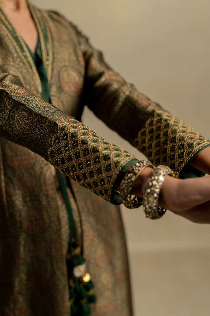 Mehndi Brocade Jacket And Pants With Embroidered Boostier