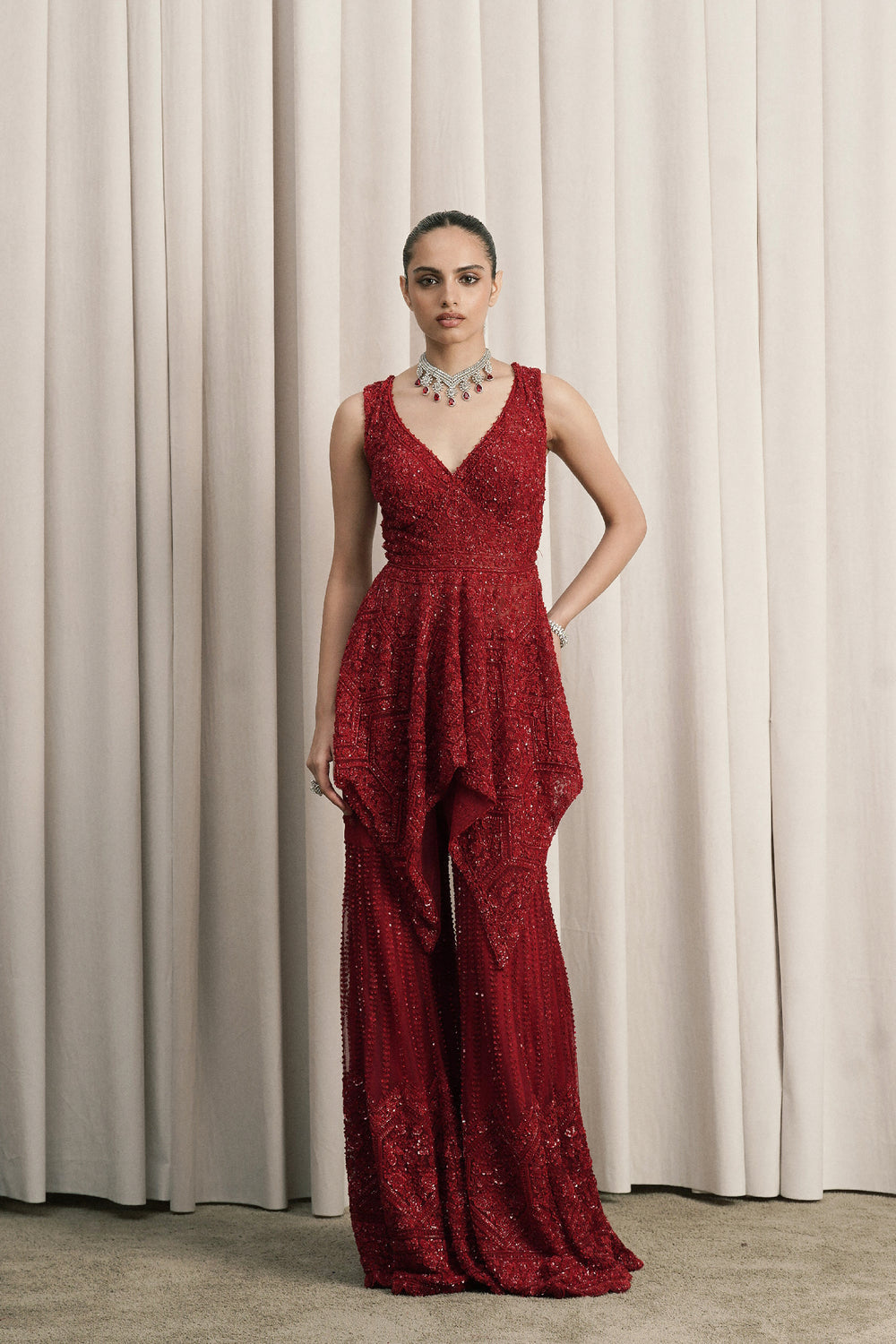 Red Embroidered Net Sharara Set With Dupatta