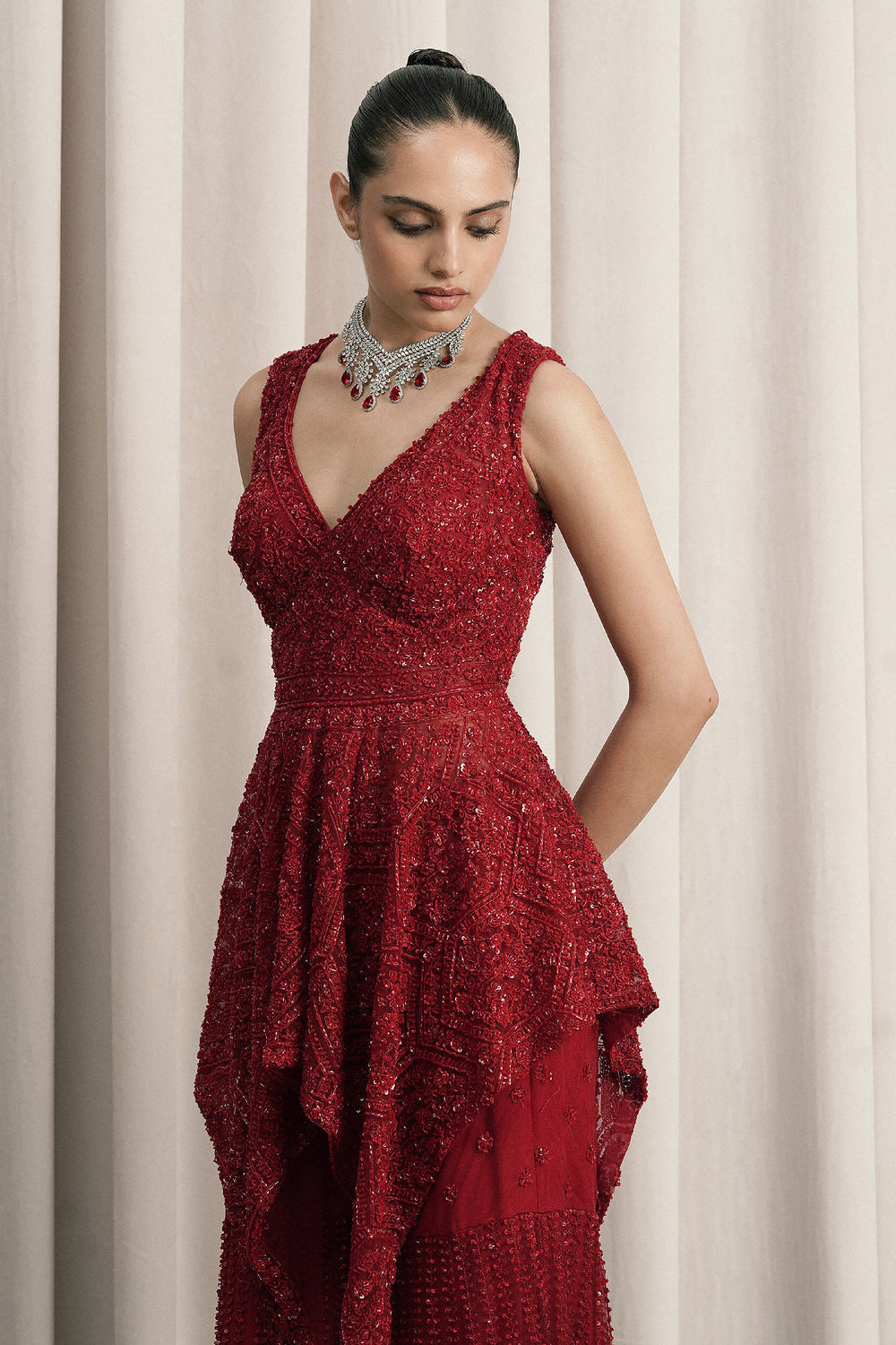 Red Embroidered Net Sharara Set With Dupatta