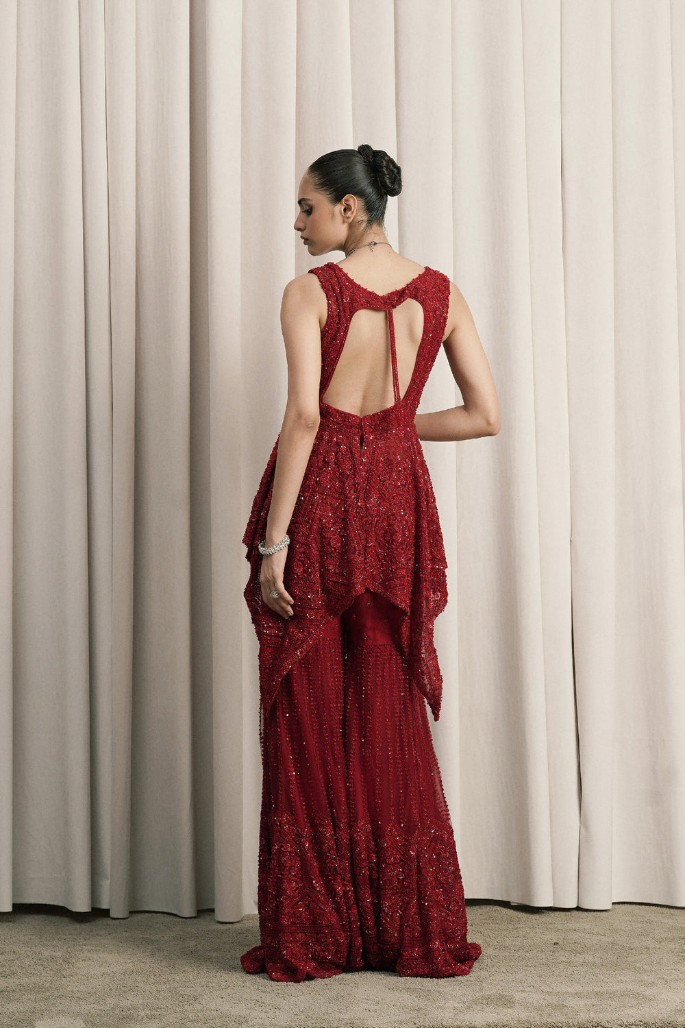 Red Embroidered Net Sharara Set With Dupatta