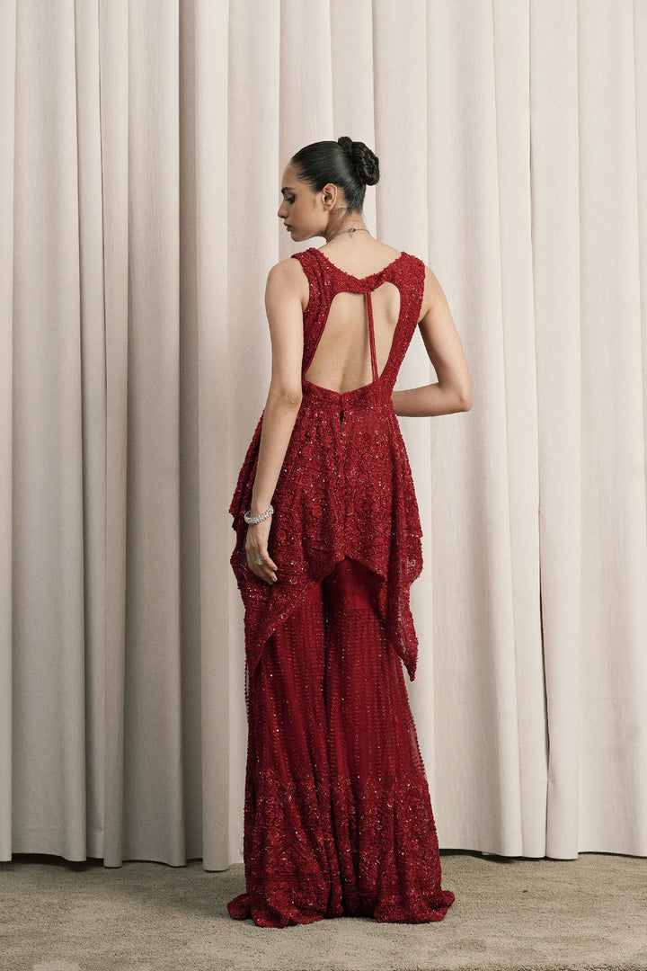 Red Embroidered Net Sharara Set With Dupatta