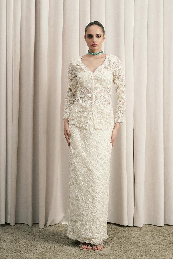 Ivory Embroidered Open Jacket Set With Skirt