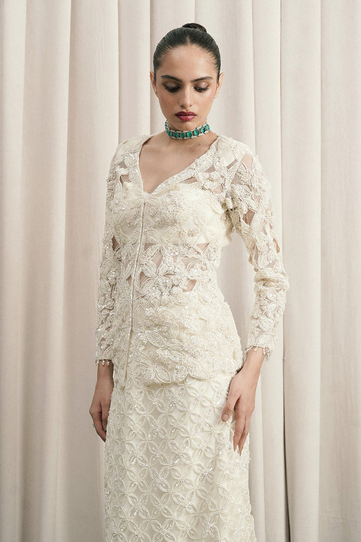 Ivory Embroidered Open Jacket Set With Skirt