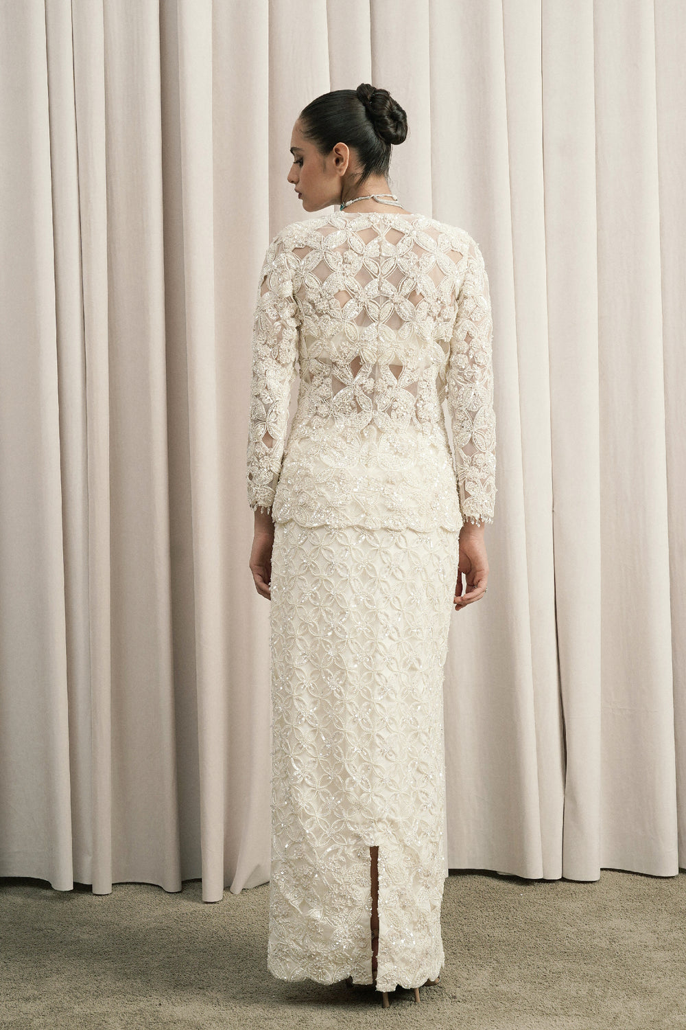 Ivory Embroidered Open Jacket Set With Skirt