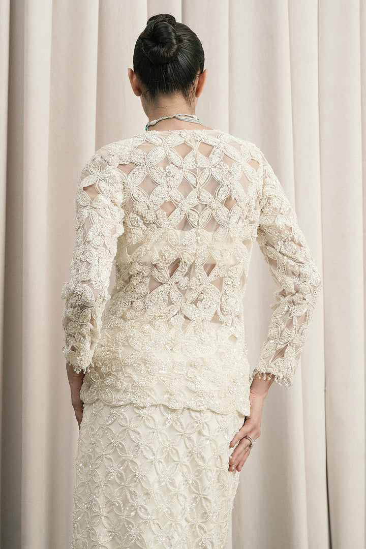 Ivory Embroidered Open Jacket Set With Skirt