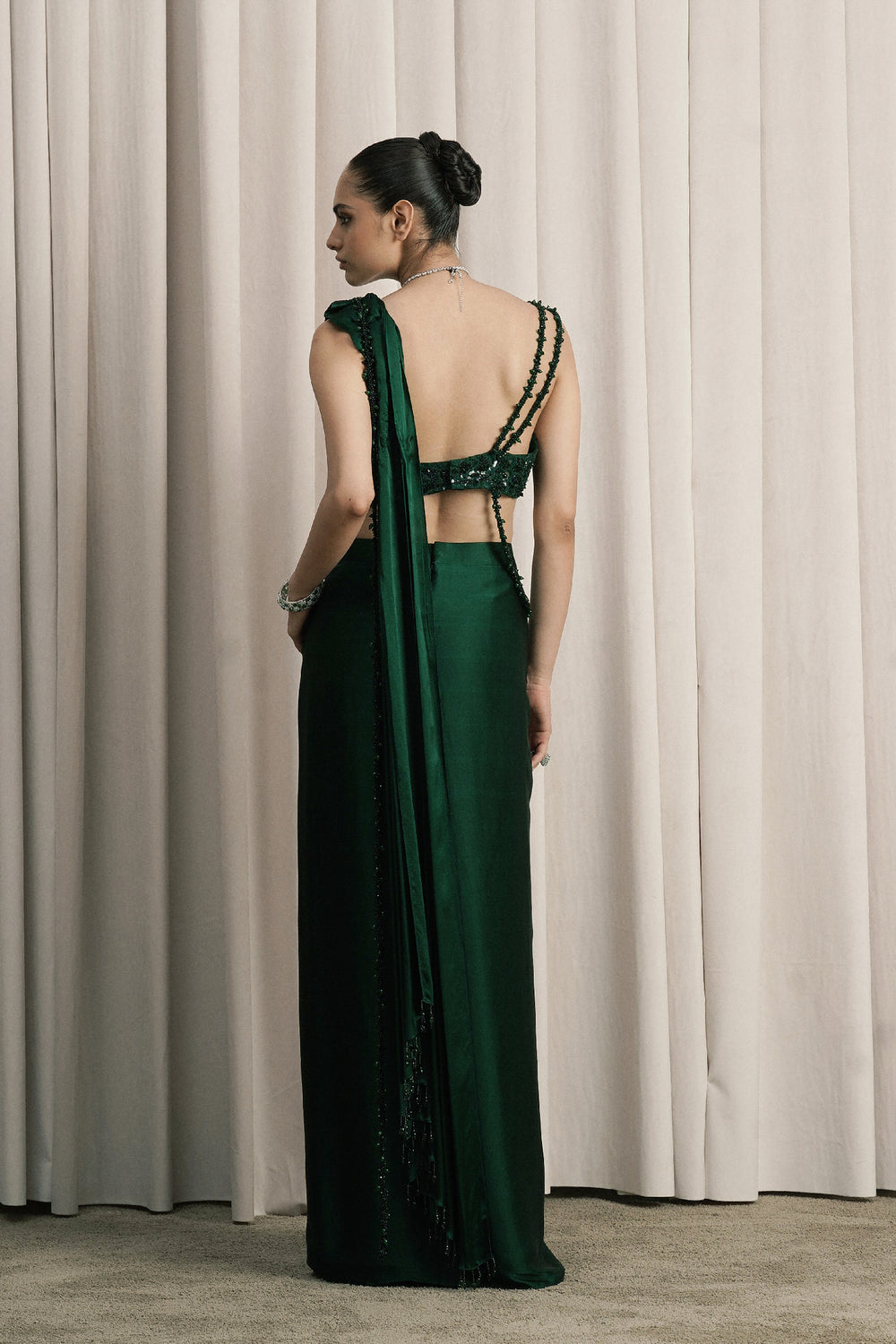 Emerald Green Draped Satin Saree With Blouse