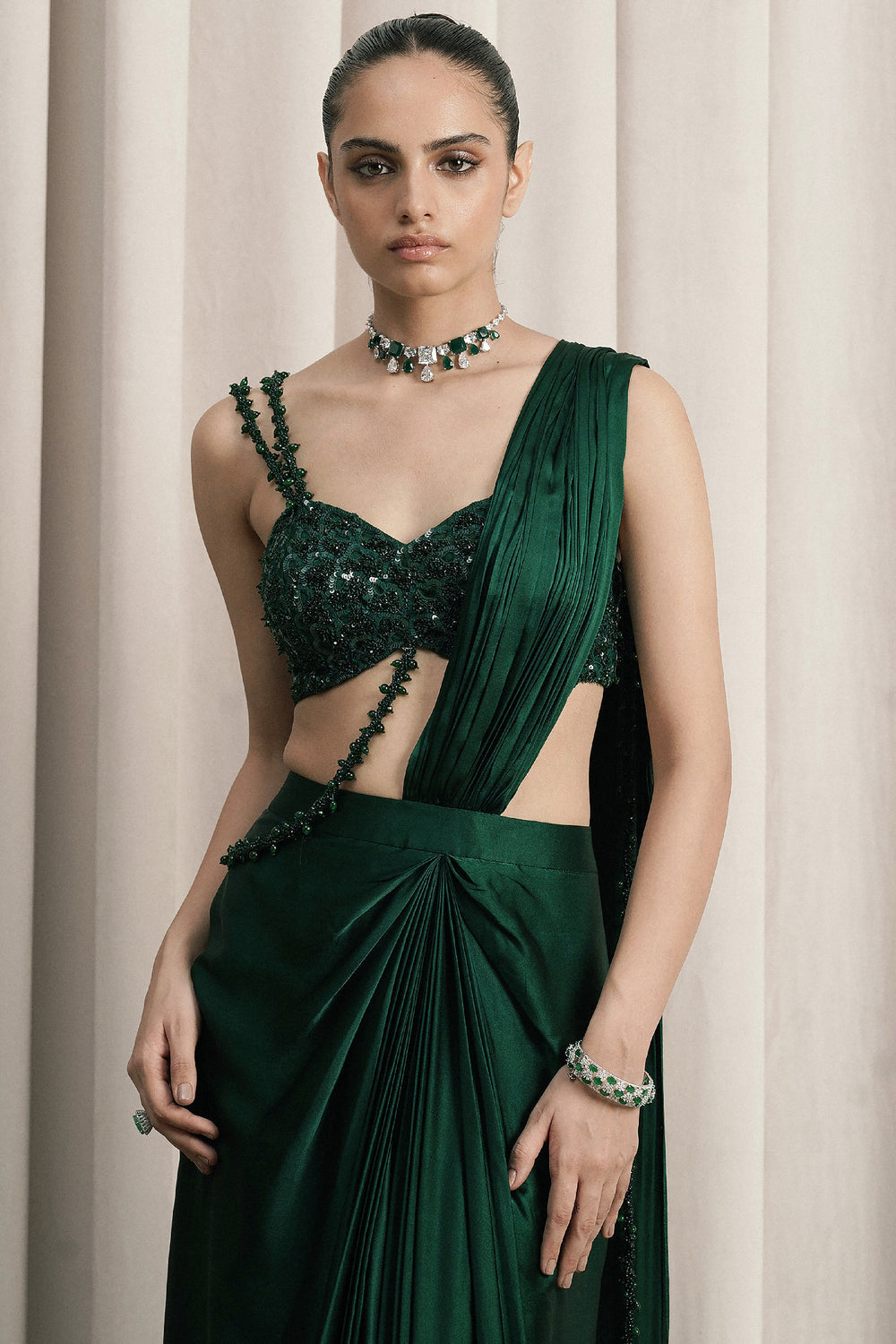 Emerald Green Draped Satin Saree With Blouse