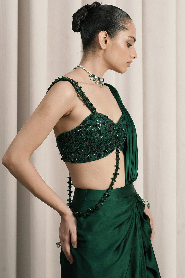 Emerald Green Draped Satin Saree With Blouse