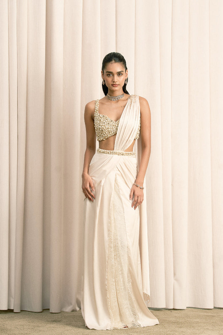 Ivory Draped Satin Saree With Embellished Blouse