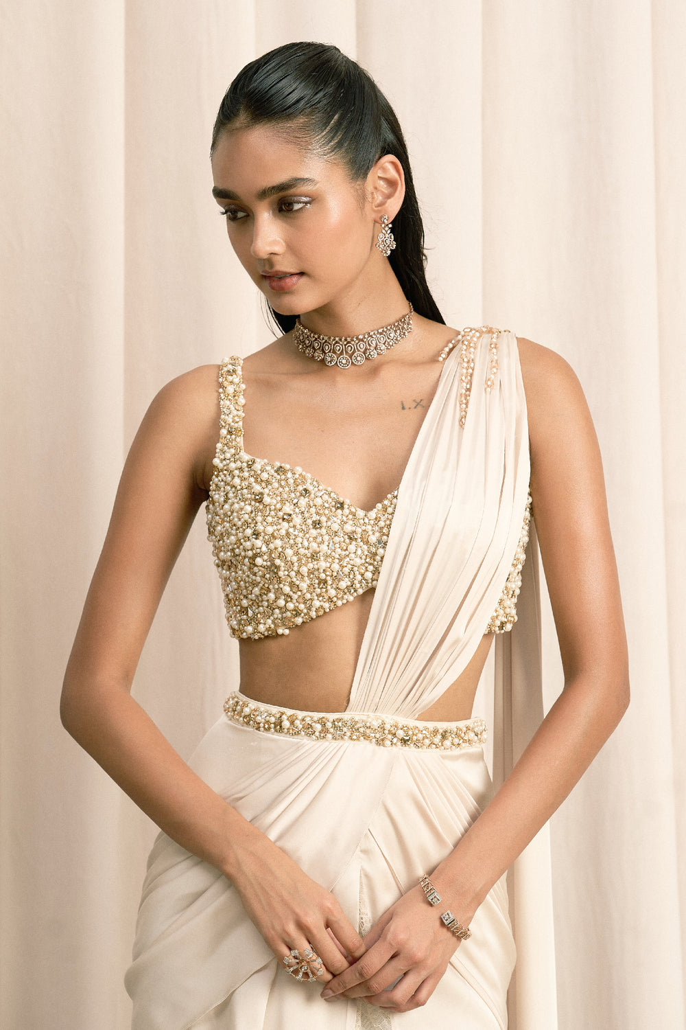 Ivory Draped Satin Saree With Embellished Blouse