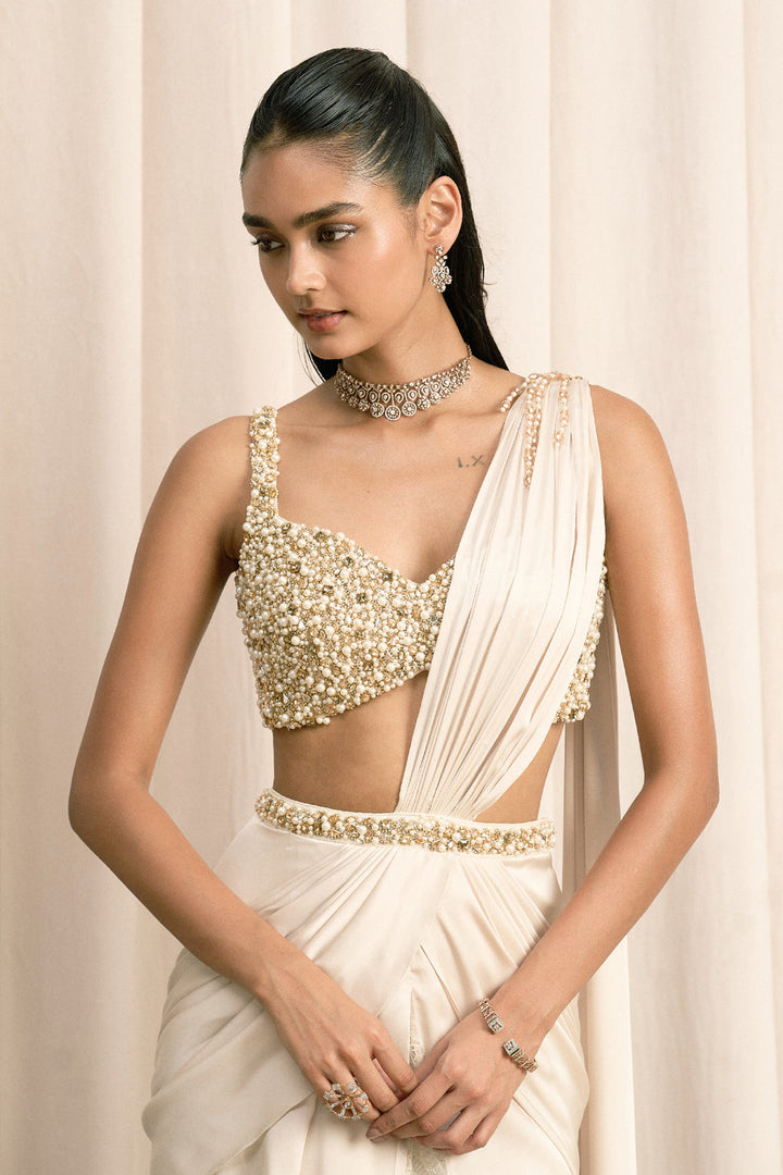 Ivory Draped Satin Saree With Embellished Blouse