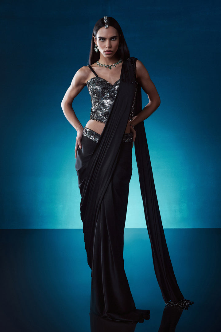 Black Corset Drape Saree Set