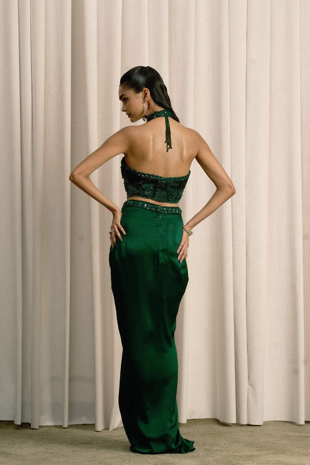 Emerald Green Halter Top With Pleated Skirt
