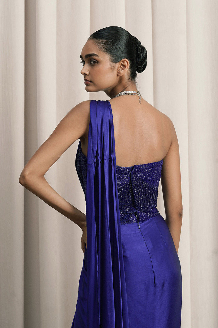 Royal Blue Pre-Draped Cocktail Saree With Corset Blouse