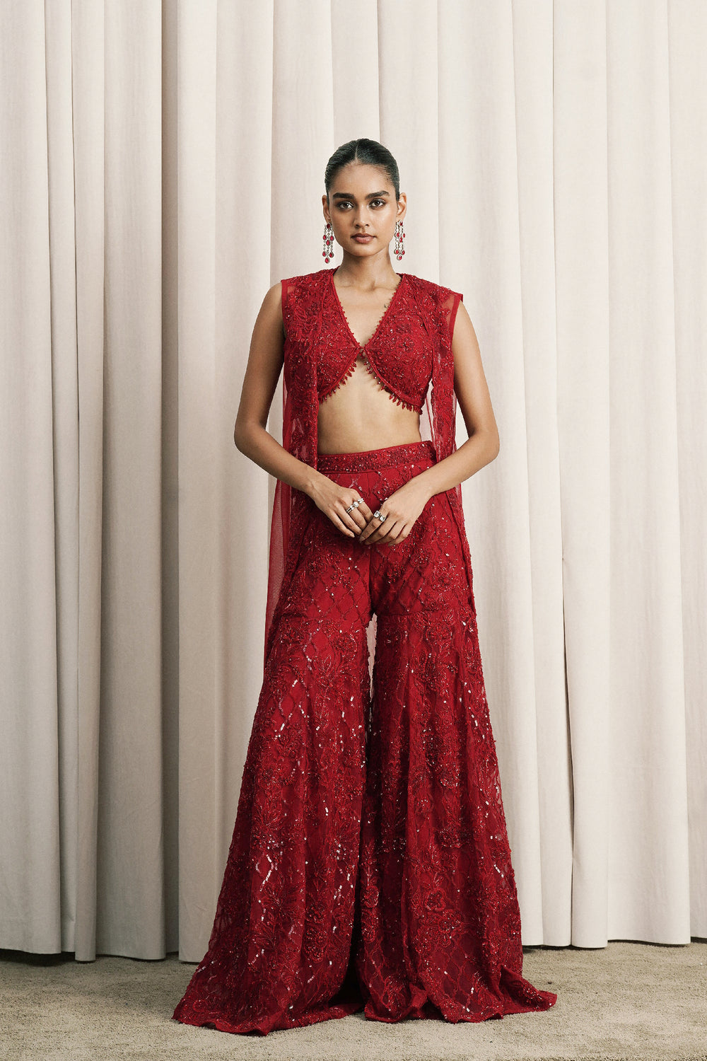 Red Embroidered Jacket Set With Bustier And Pants