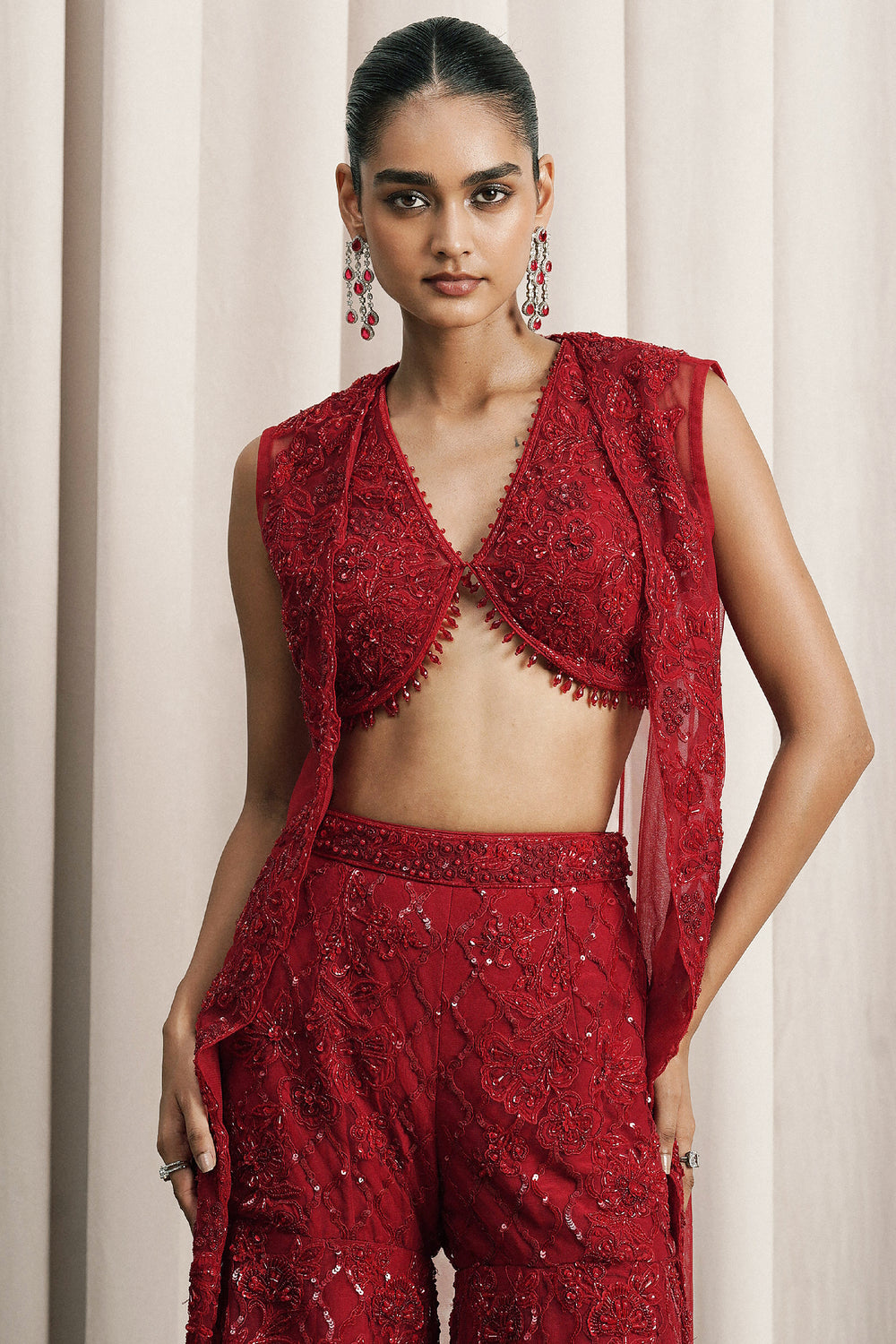 Red Embroidered Jacket Set With Bustier And Pants