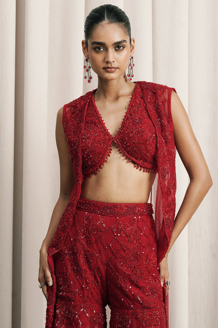 Red Embroidered Jacket Set With Bustier And Pants