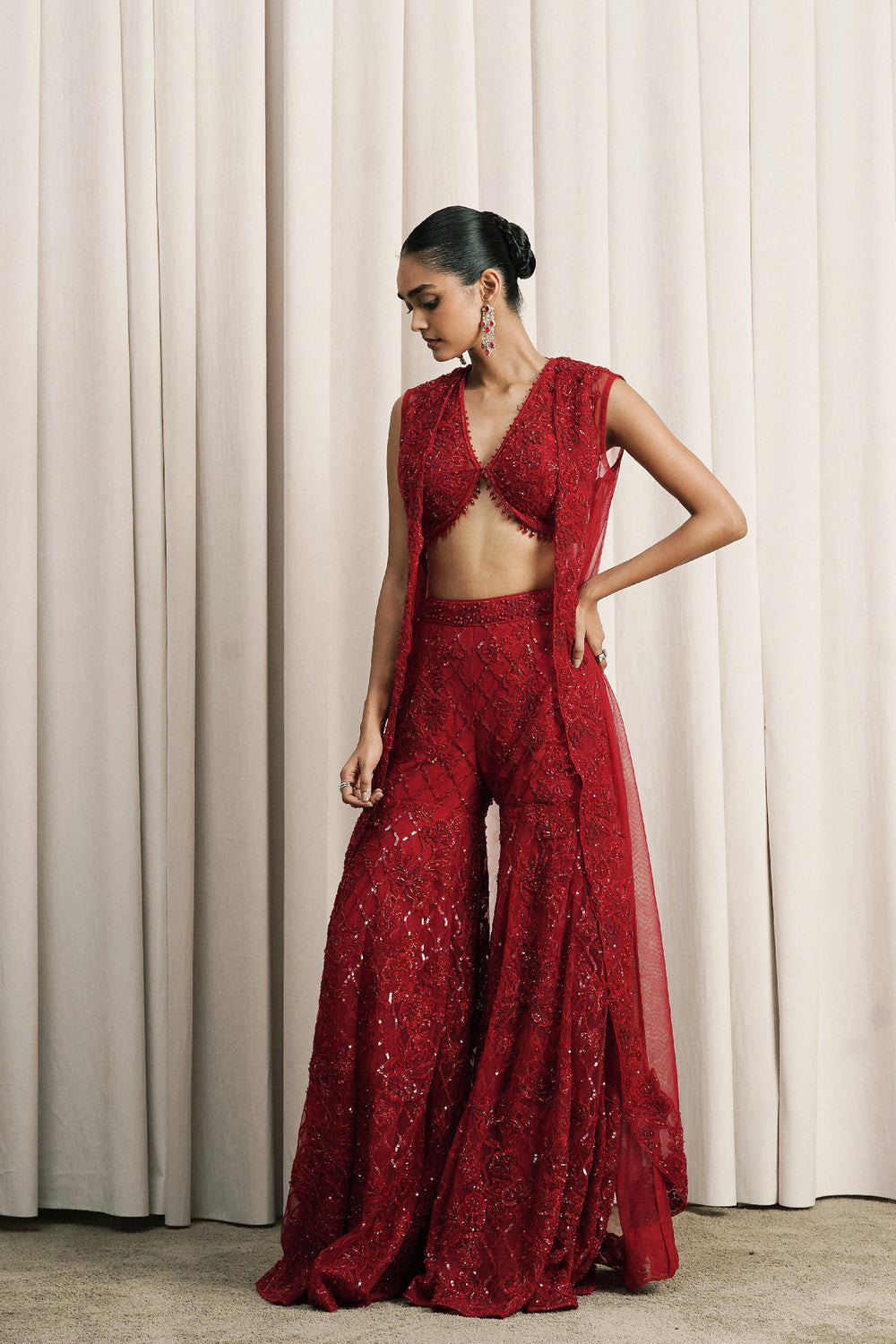 Red Embroidered Jacket Set With Bustier And Pants
