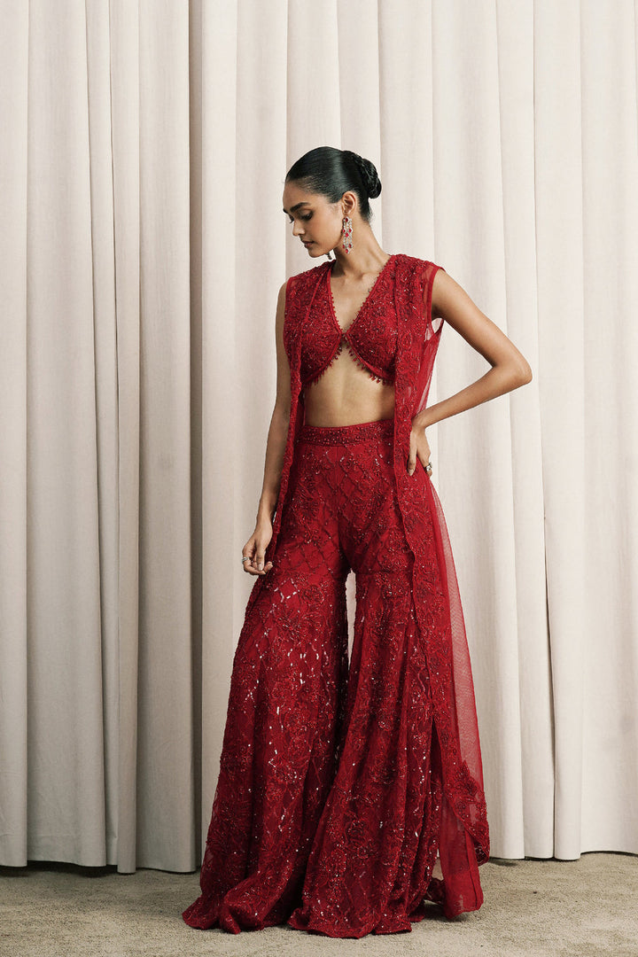 Red Embroidered Jacket Set With Bustier And Pants
