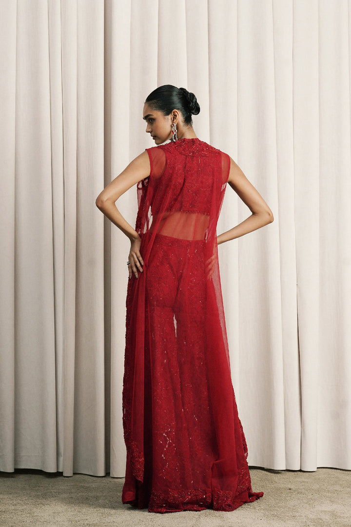 Red Embroidered Jacket Set With Bustier And Pants
