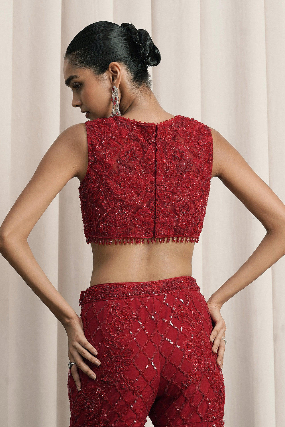Red Embroidered Jacket Set With Bustier And Pants