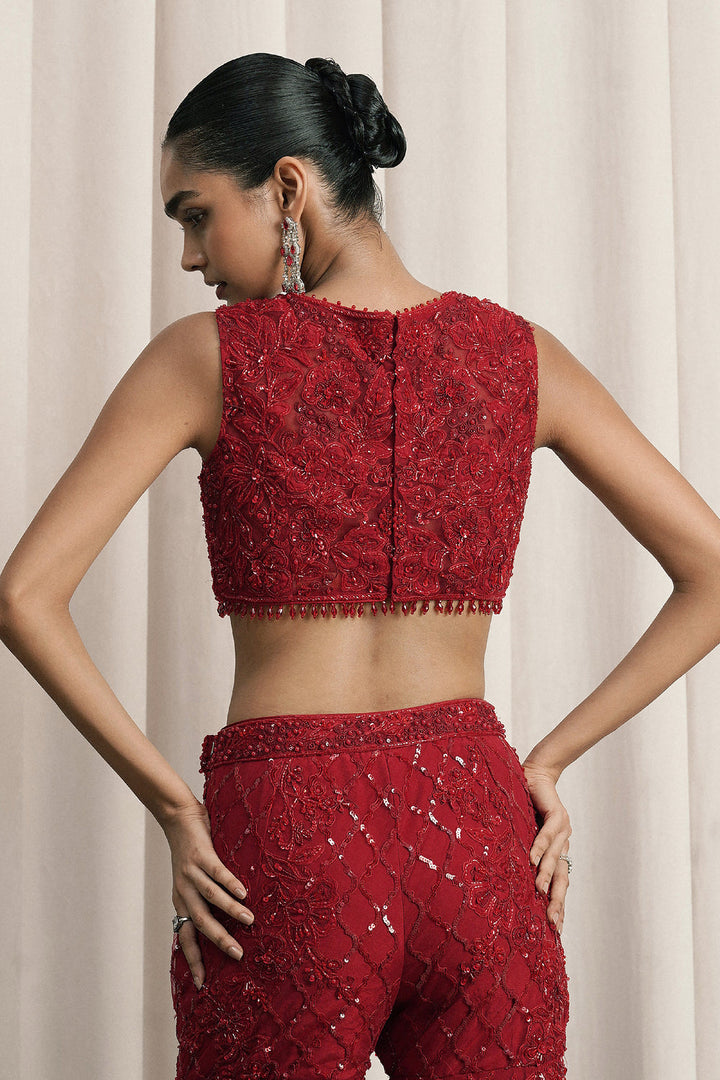 Red Embroidered Jacket Set With Bustier And Pants