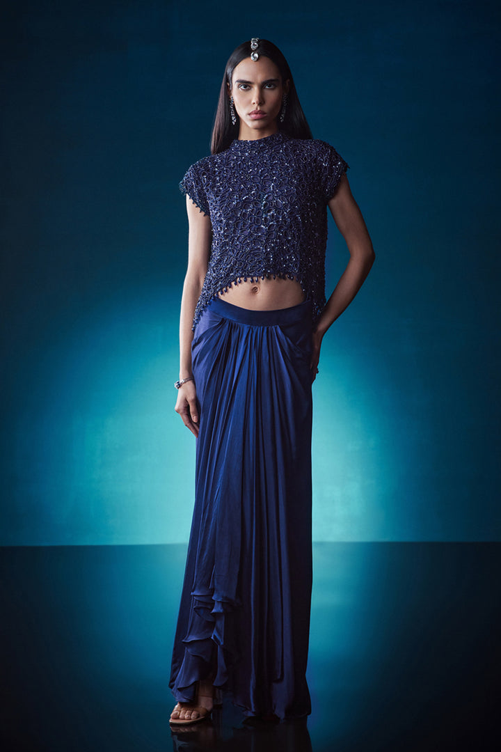 Navy Cutwork Top With Drape Skirt