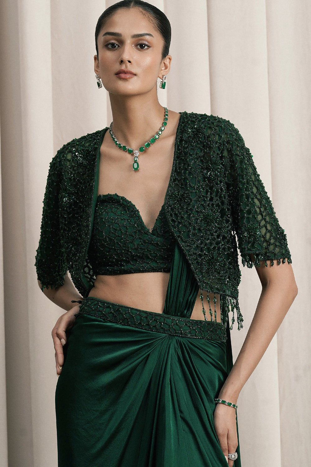 Emerald Green Draped Saree With Embroidered Jacket