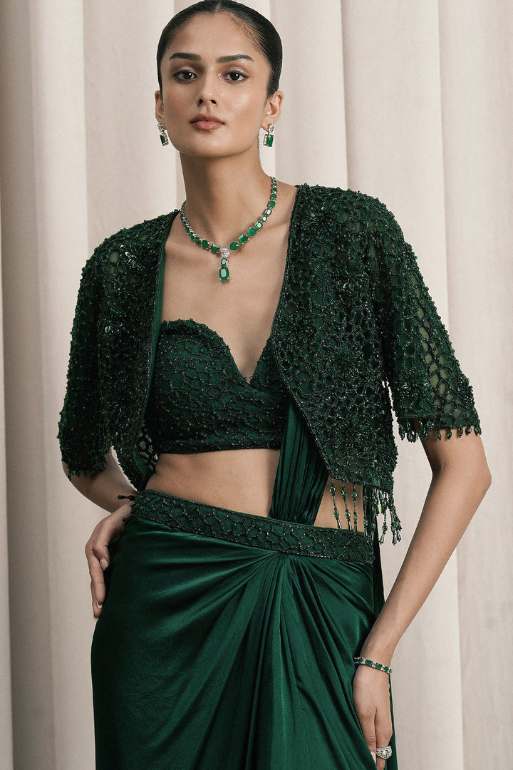Emerald Green Draped Saree With Embroidered Jacket