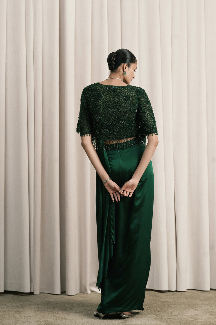 Emerald Green Draped Saree With Embroidered Jacket