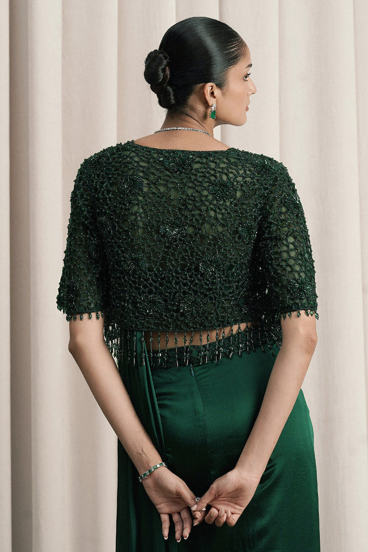 Emerald Green Draped Saree With Embroidered Jacket