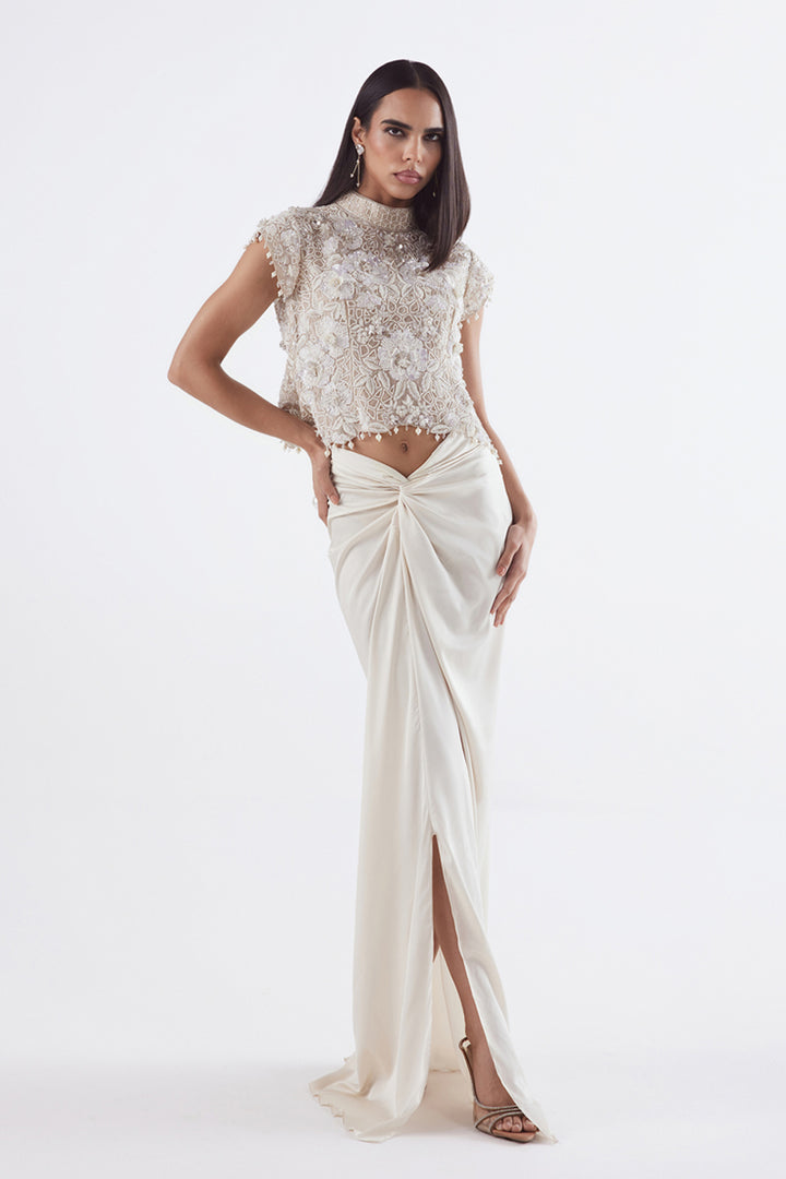 Ivory Self on Self Top With Drape Skirt