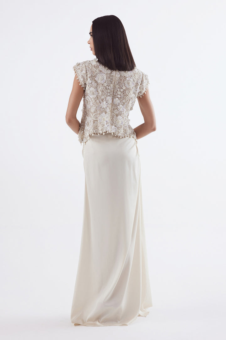 Ivory Self on Self Top With Drape Skirt