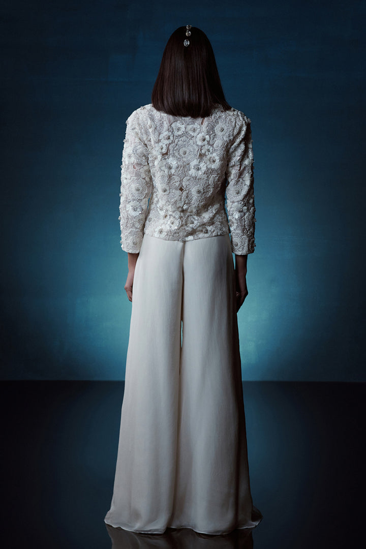 Ivory Embroidered Short Jacket With Pants Set