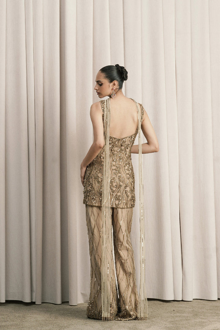 Beige Embroidered Net Sharara Set With Dupatta