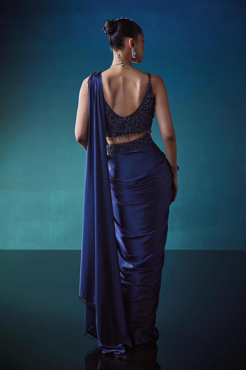 Navy Drape Saree With Crystal Studded Blouse