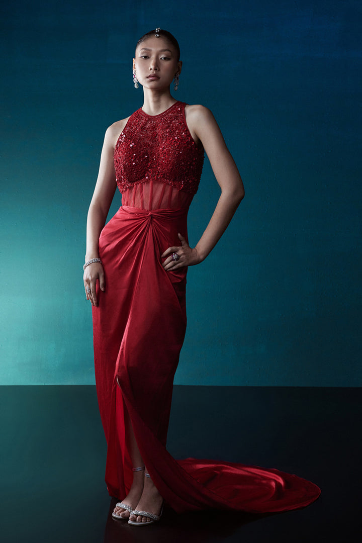 Red Cocktail Gown With Trail