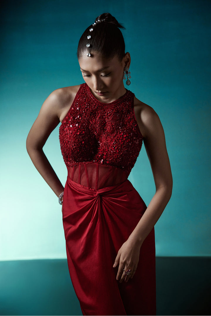 Red Cocktail Gown With Trail