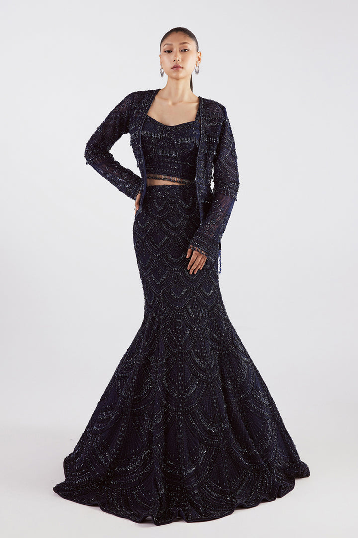 Navy Fish Cut Lehenga With a Short Jacket