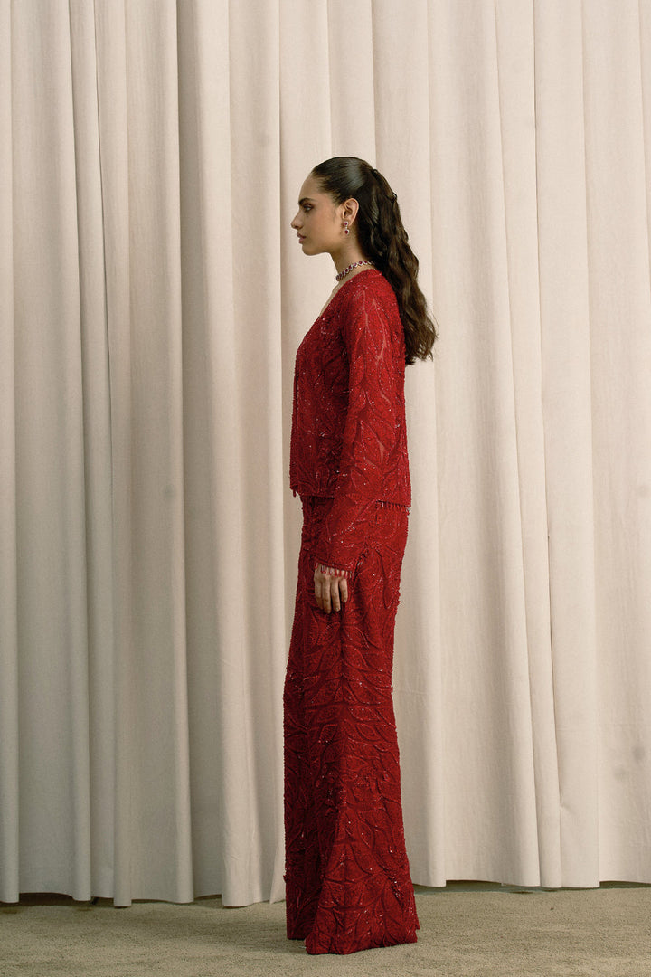 Red Embroidered Open Jacket Set With Flared Pants