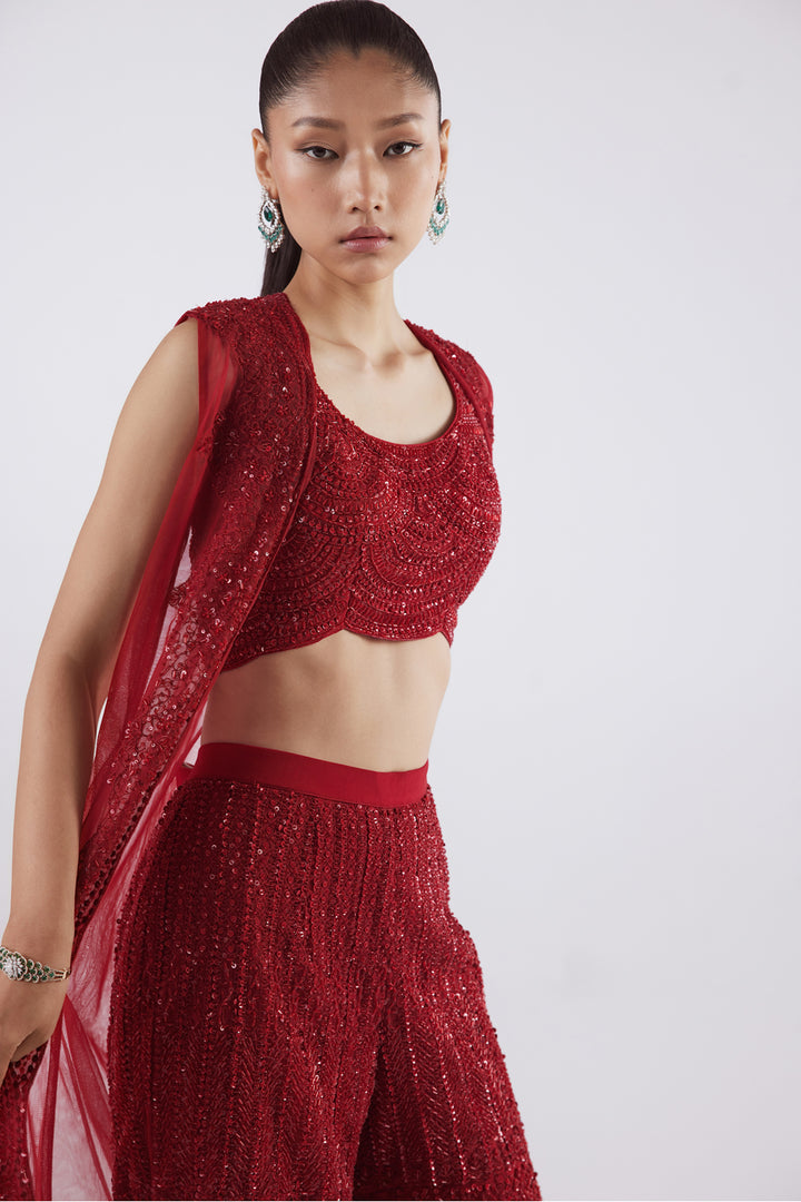 Red Indowestern Jacket Set With Flared Pants